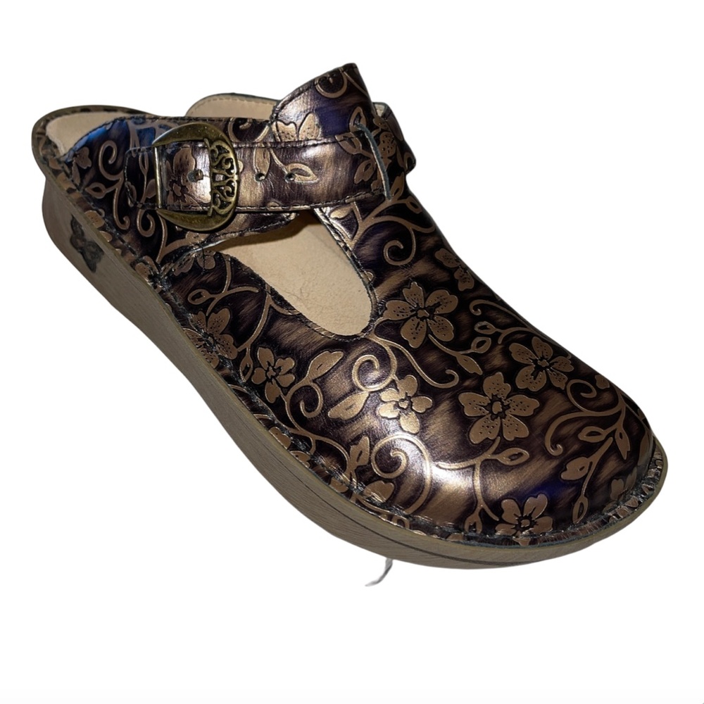 Alegria Women Shoe Don Black Gold Tooled Leather Floral Size 37 7 7.5M Clog